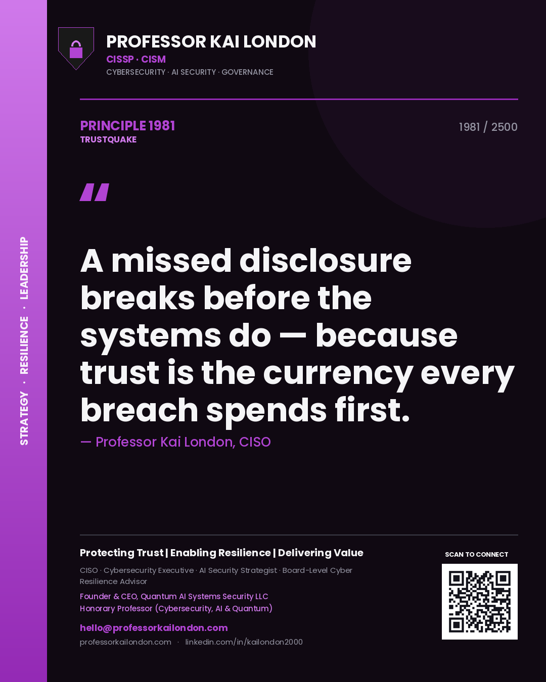 Quote card by Professor Kai London reading 'A missed disclosure breaks before the systems do — because trust is the currency every breach spends first.'. From the book Trustquake.