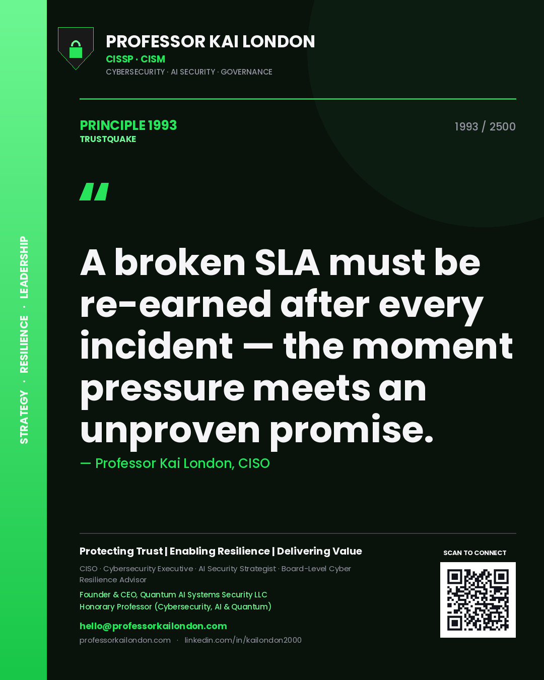 Quote card by Professor Kai London reading 'A broken SLA must be re-earned after every incident — the moment pressure meets an unproven promise.'. From the book Trustquake.