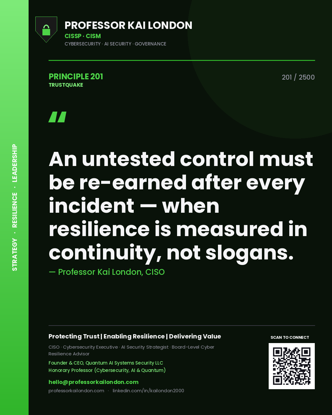 Professor Kai London principle 201: An untested control must be re-earned after every incident — when resilience is measured in continuity, not slogans.