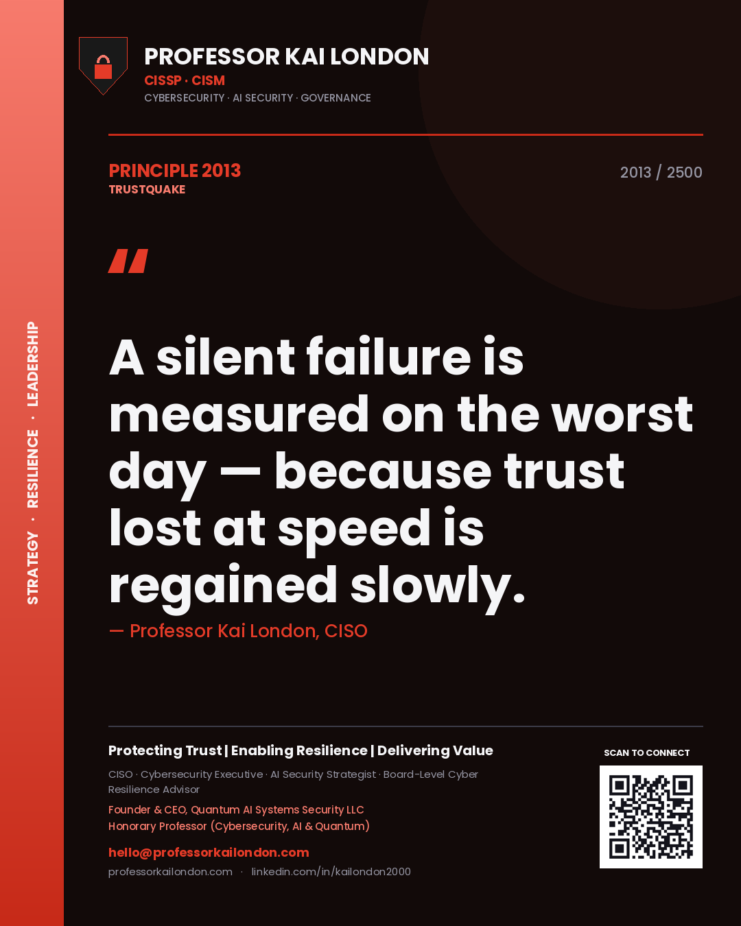 Quote card by Professor Kai London reading 'A silent failure is measured on the worst day — because trust lost at speed is regained slowly.'. From the book Trustquake.