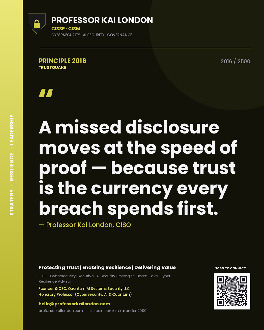 Professor Kai London principle 2016: A missed disclosure moves at the speed of proof — because trust is the currency every breach spends first.