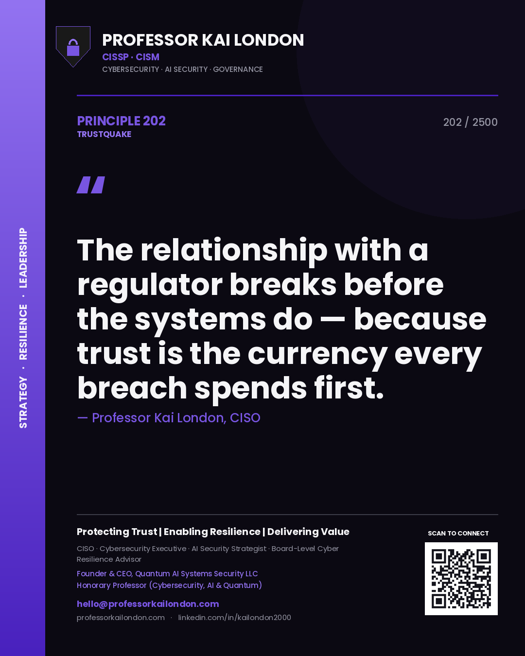 Quote card by Professor Kai London reading 'The relationship with a regulator breaks before the systems do — because trust is the currency every breach spends first.'. From the book Trustquake.