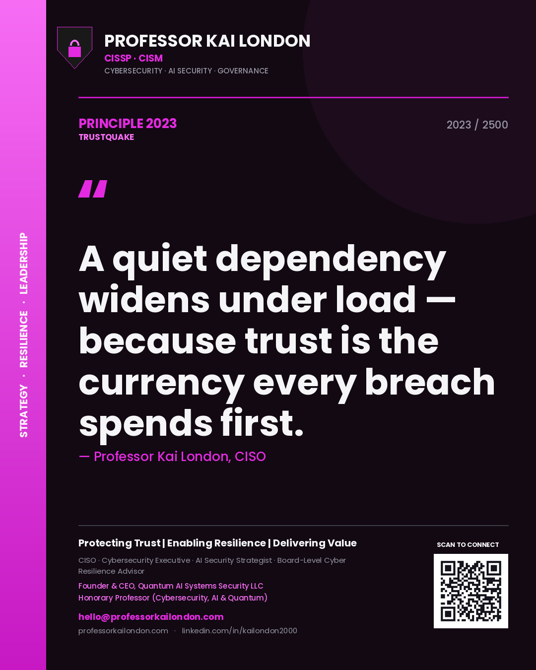 Professor Kai London principle 2023: A quiet dependency widens under load — because trust is the currency every breach spends first.