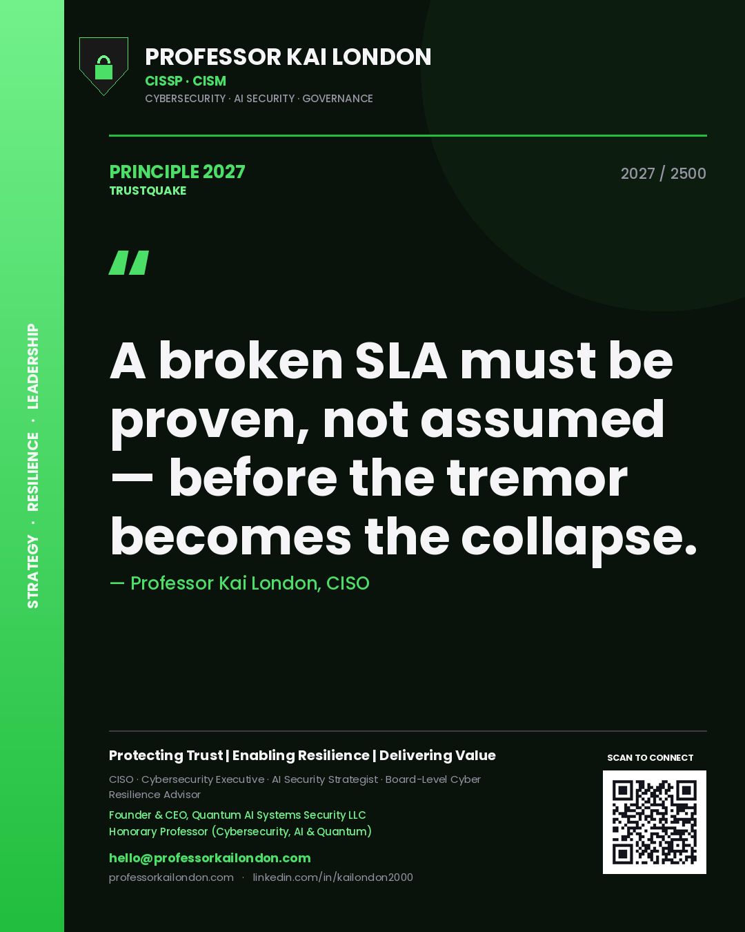 Quote card by Professor Kai London reading 'A broken SLA must be proven, not assumed — before the tremor becomes the collapse.'. From the book Trustquake.