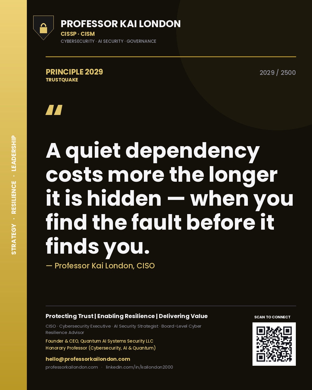 Professor Kai London principle 2029: A quiet dependency costs more the longer it is hidden — when you find the fault before it finds you.