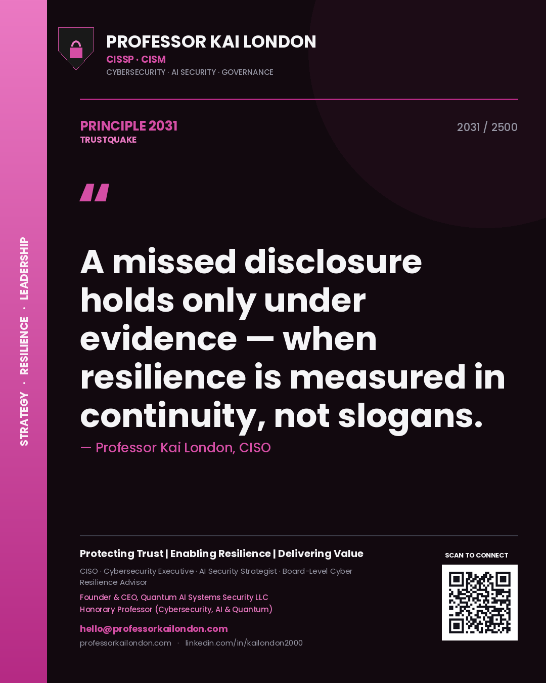 Professor Kai London principle 2031: A missed disclosure holds only under evidence — when resilience is measured in continuity, not slogans.