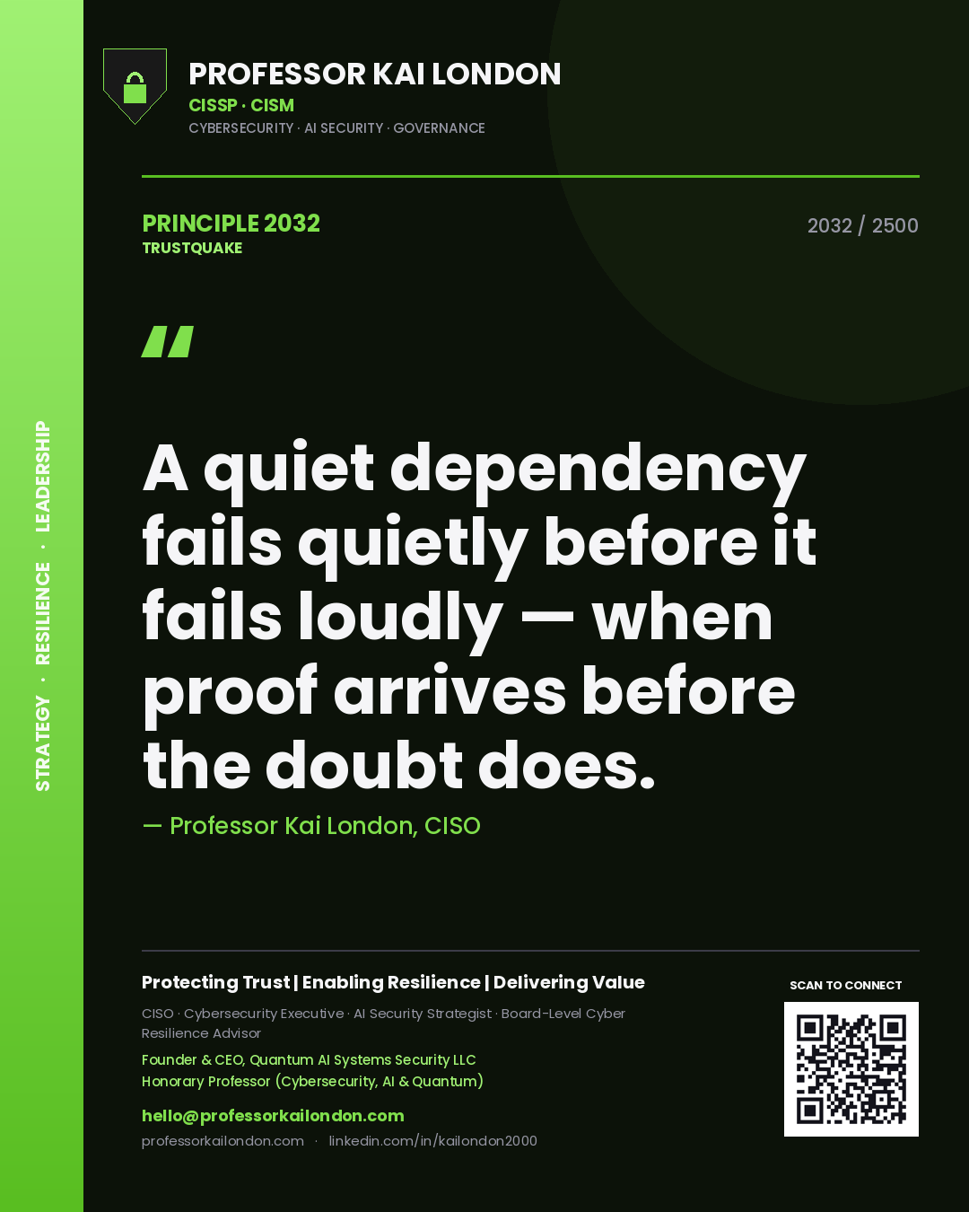 Quote card by Professor Kai London reading 'A quiet dependency fails quietly before it fails loudly — when proof arrives before the doubt does.'. From the book Trustquake.