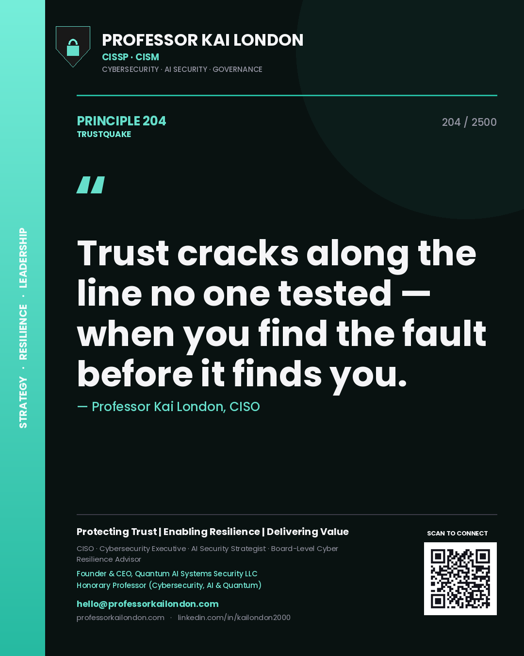 Professor Kai London principle 204: Trust cracks along the line no one tested — when you find the fault before it finds you.