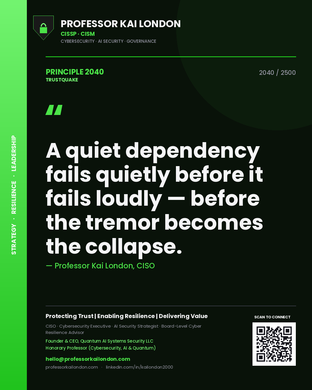 Professor Kai London principle 2040: A quiet dependency fails quietly before it fails loudly — before the tremor becomes the collapse.