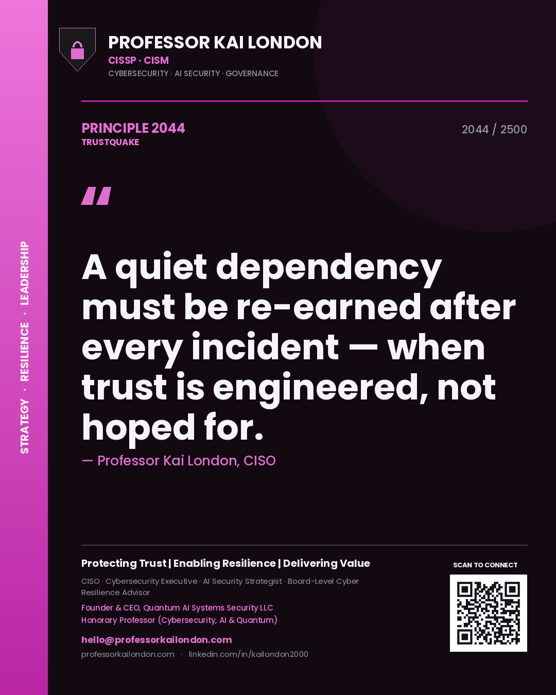 Quote card by Professor Kai London reading 'A quiet dependency must be re-earned after every incident — when trust is engineered, not hoped for.'. From the book Trustquake.