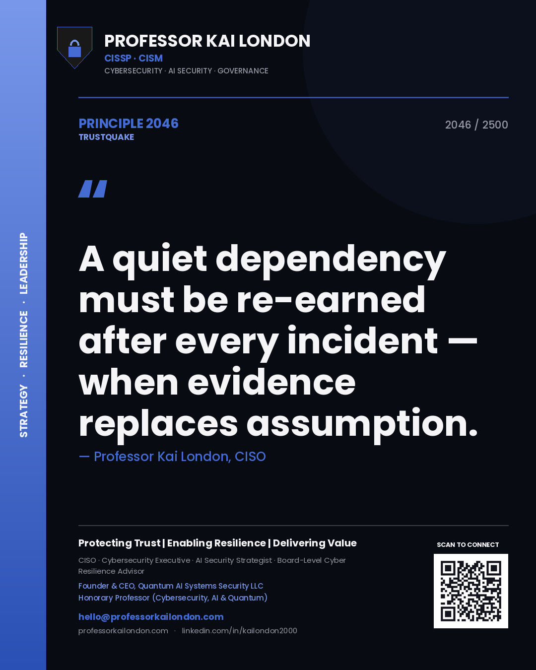 Professor Kai London principle 2046: A quiet dependency must be re-earned after every incident — when evidence replaces assumption.