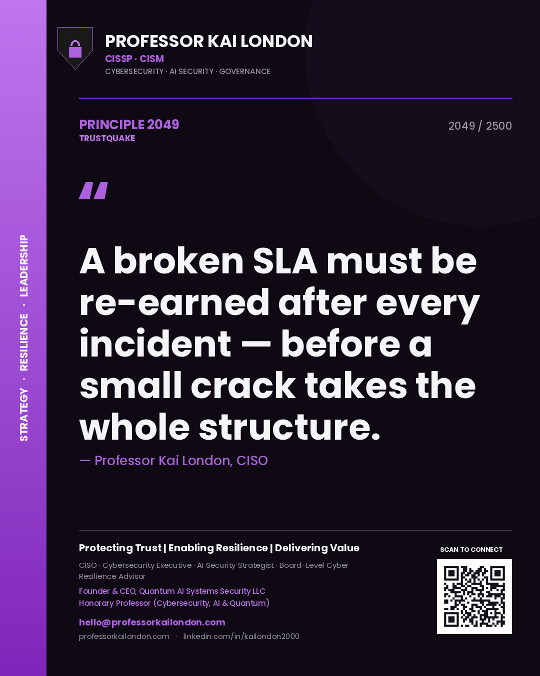 Quote card by Professor Kai London reading 'A broken SLA must be re-earned after every incident — before a small crack takes the whole structure.'. From the book Trustquake.