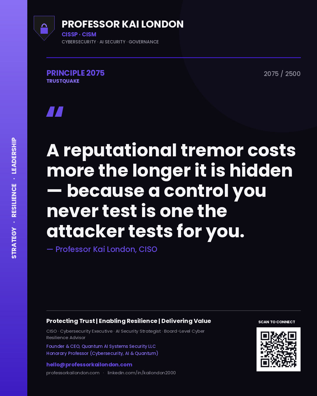 Quote card by Professor Kai London reading 'A reputational tremor costs more the longer it is hidden — because a control you never test is one the attacker tests for you.'. From the book Trustquake.