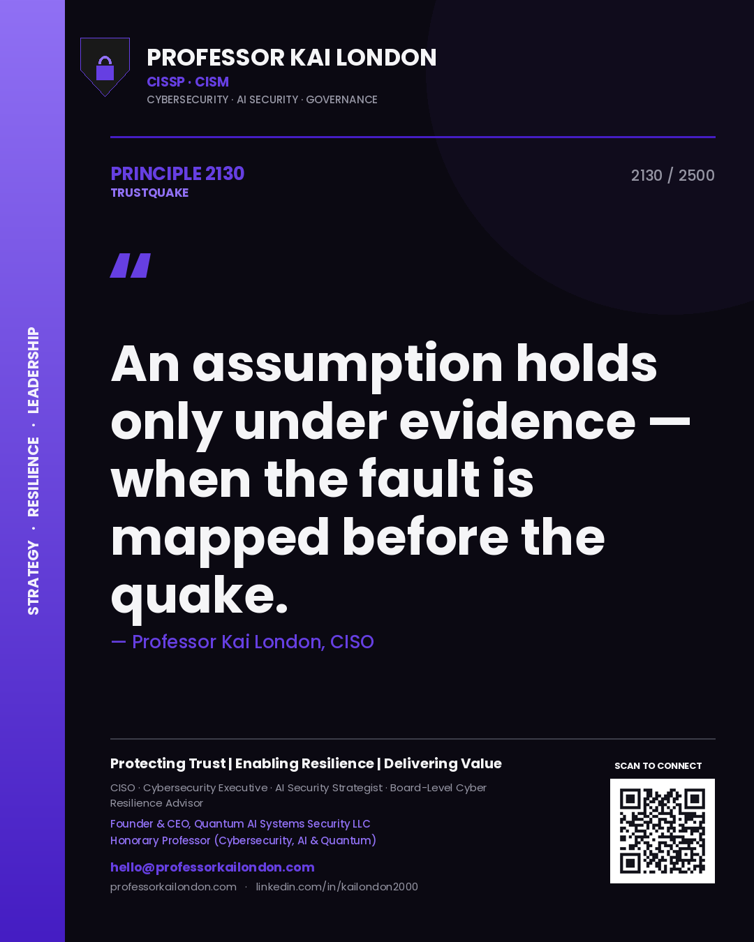 Quote card by Professor Kai London reading 'An assumption holds only under evidence — when the fault is mapped before the quake.'. From the book Trustquake.