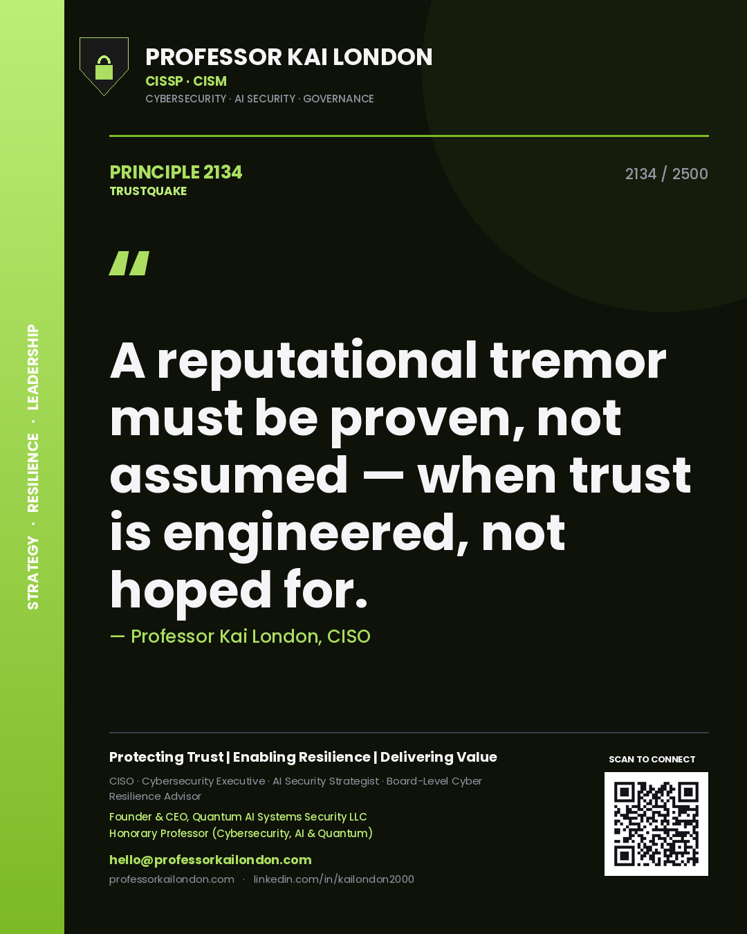 Quote card by Professor Kai London reading 'A reputational tremor must be proven, not assumed — when trust is engineered, not hoped for.'. From the book Trustquake.