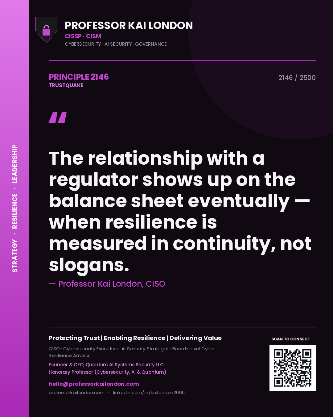 Professor Kai London principle 2146: The relationship with a regulator shows up on the balance sheet eventually — when resilience is measured in continuity, not slogans.