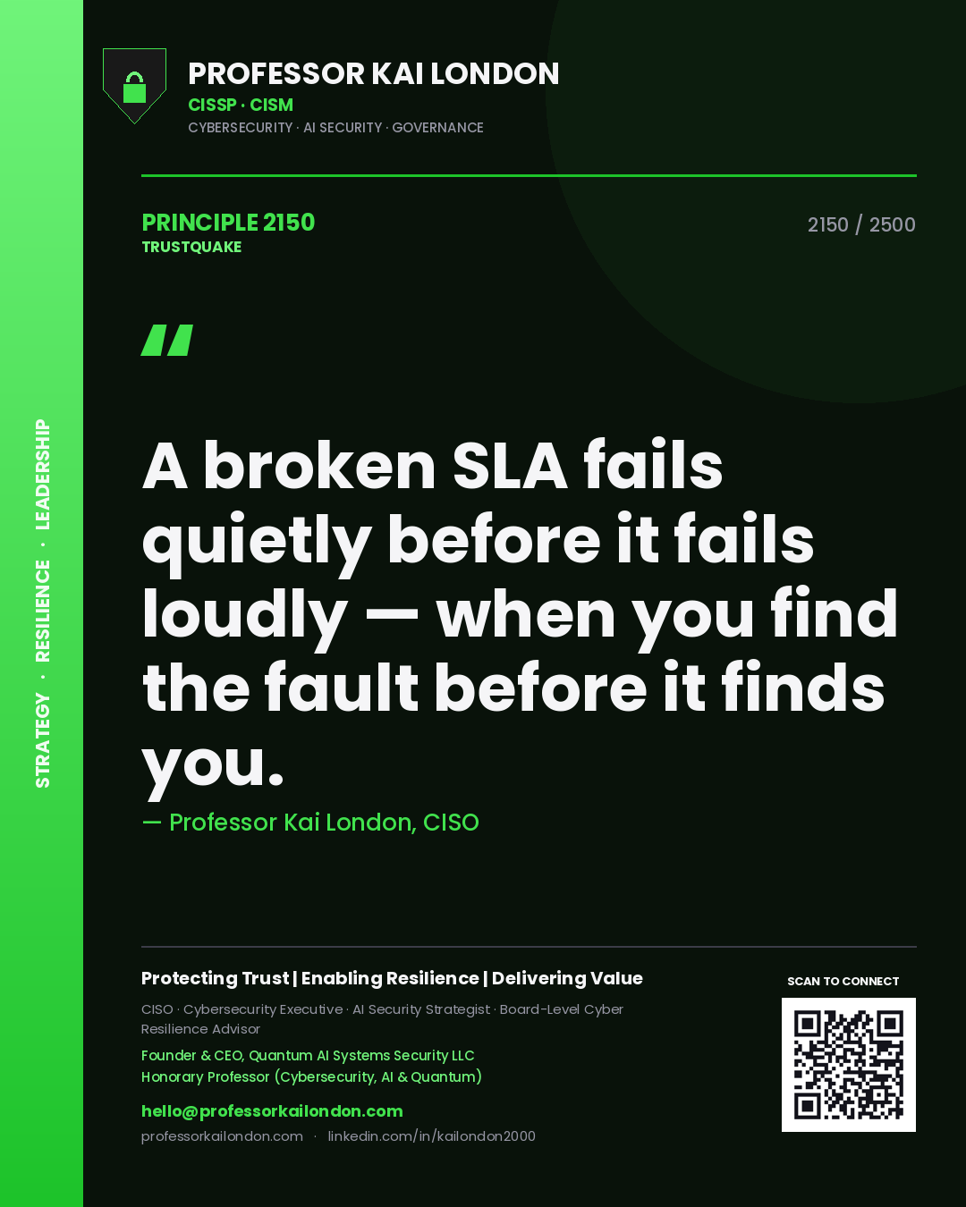 Quote card by Professor Kai London reading 'A broken SLA fails quietly before it fails loudly — when you find the fault before it finds you.'. From the book Trustquake.
