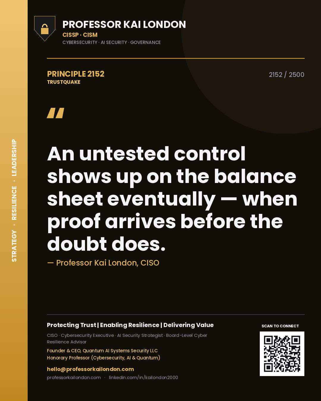 Quote card by Professor Kai London reading 'An untested control shows up on the balance sheet eventually — when proof arrives before the doubt does.'. From the book Trustquake.