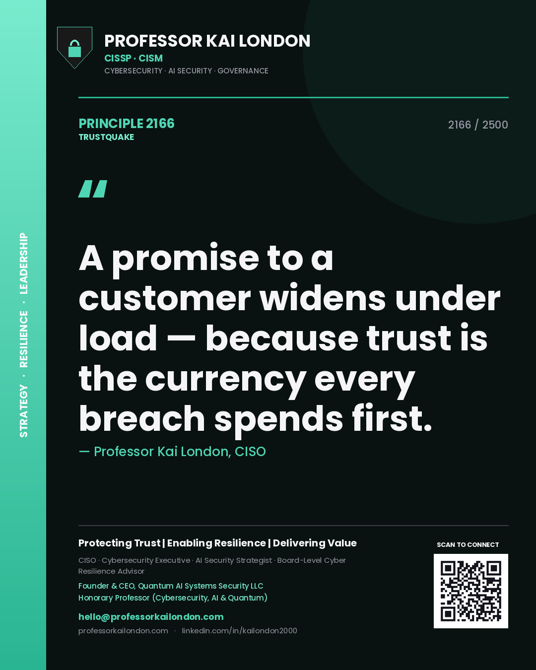 Quote card by Professor Kai London reading 'A promise to a customer widens under load — because trust is the currency every breach spends first.'. From the book Trustquake.