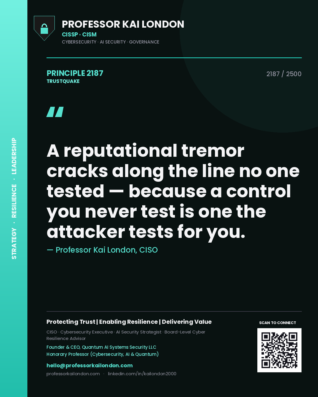 Quote card by Professor Kai London reading 'A reputational tremor cracks along the line no one tested — because a control you never test is one the attacker tests for you.'. From the book Trustquake.