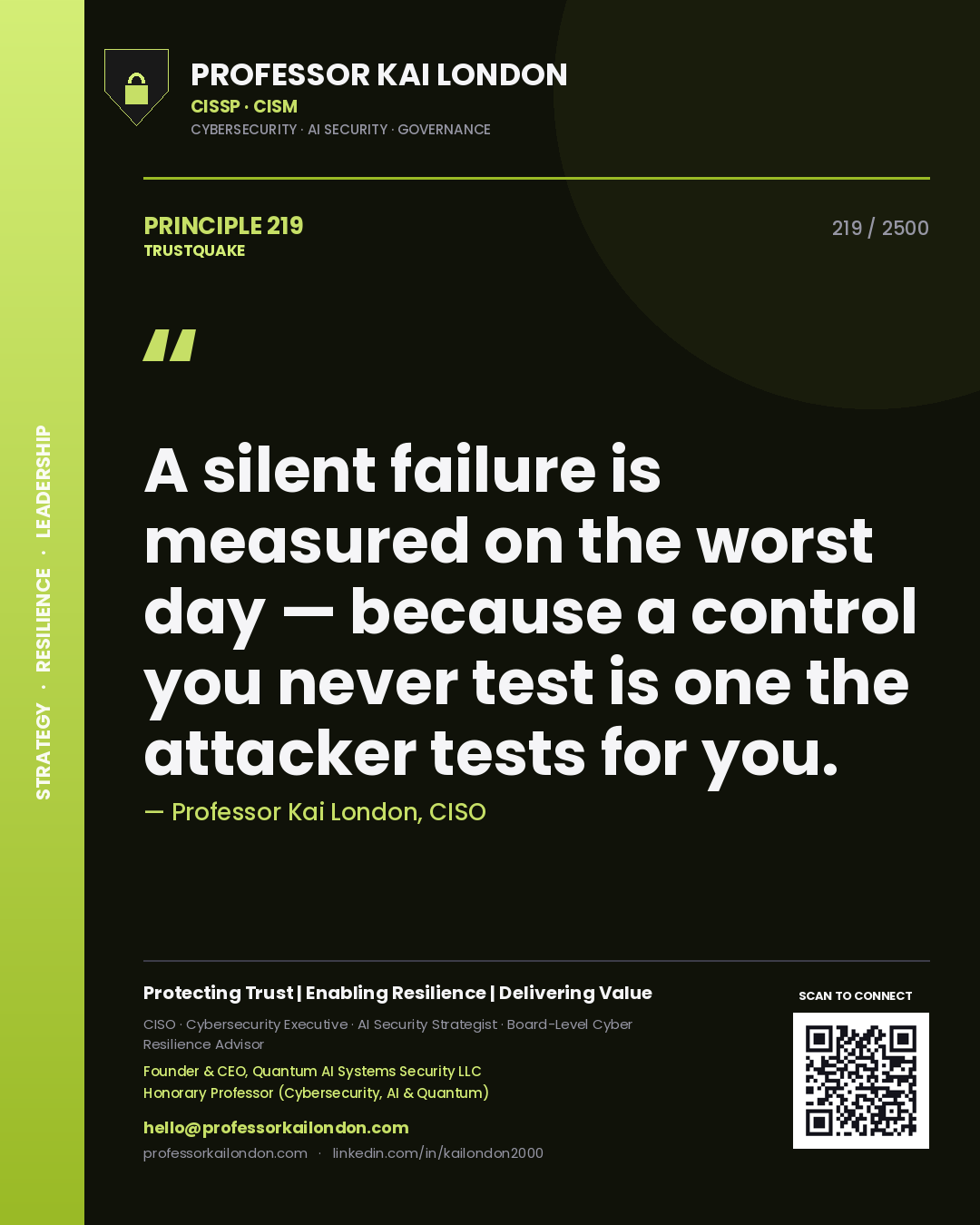 Professor Kai London principle 219: A silent failure is measured on the worst day — because a control you never test is one the attacker tests for you.