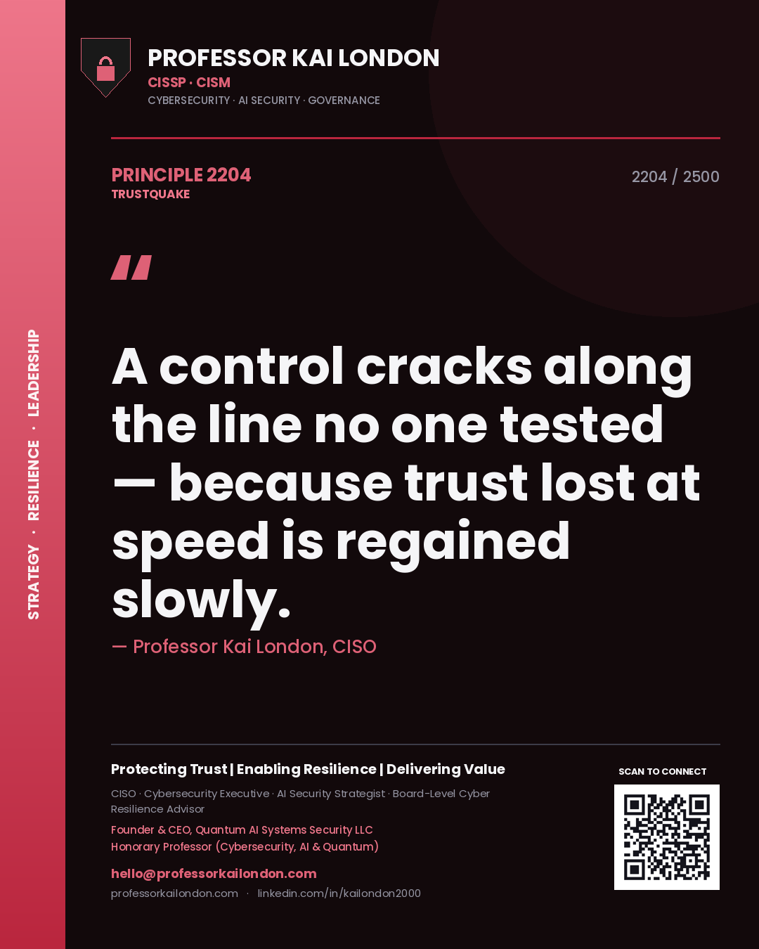 Professor Kai London principle 2204: A control cracks along the line no one tested — because trust lost at speed is regained slowly.