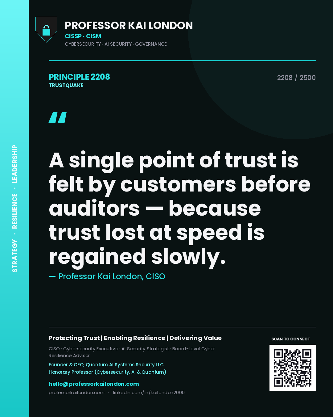 Professor Kai London principle 2208: A single point of trust is felt by customers before auditors — because trust lost at speed is regained slowly.