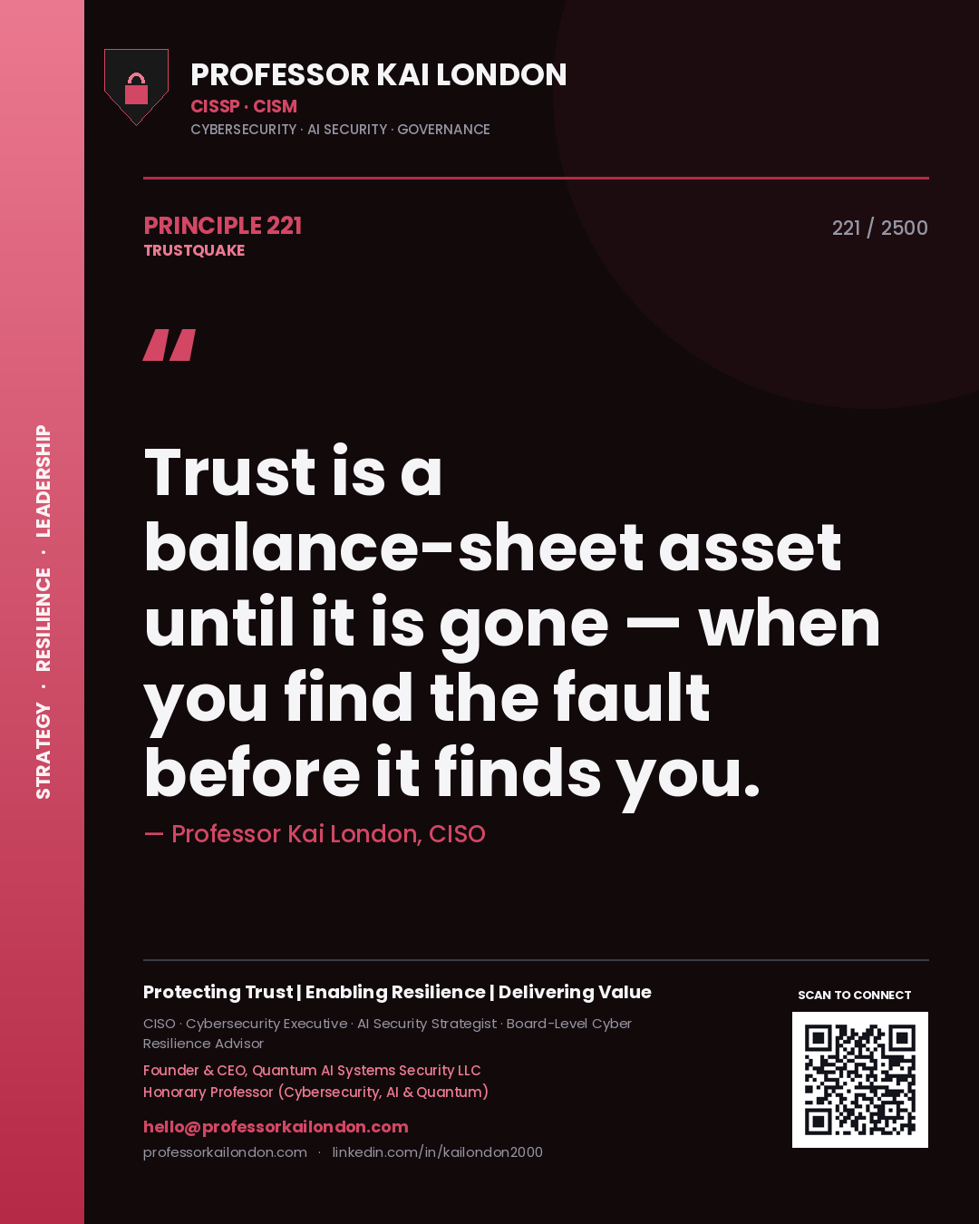 Professor Kai London principle 221: Trust is a balance-sheet asset until it is gone — when you find the fault before it finds you.