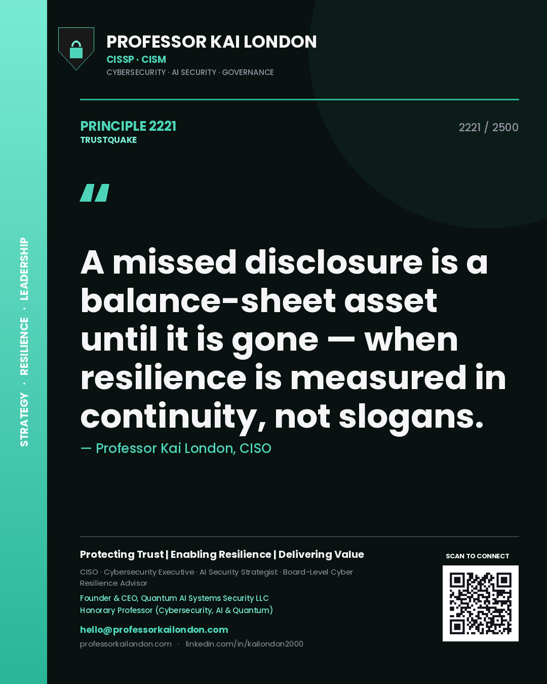 Quote card by Professor Kai London reading 'A missed disclosure is a balance-sheet asset until it is gone — when resilience is measured in continuity, not slogans.'. From the book Trustquake.