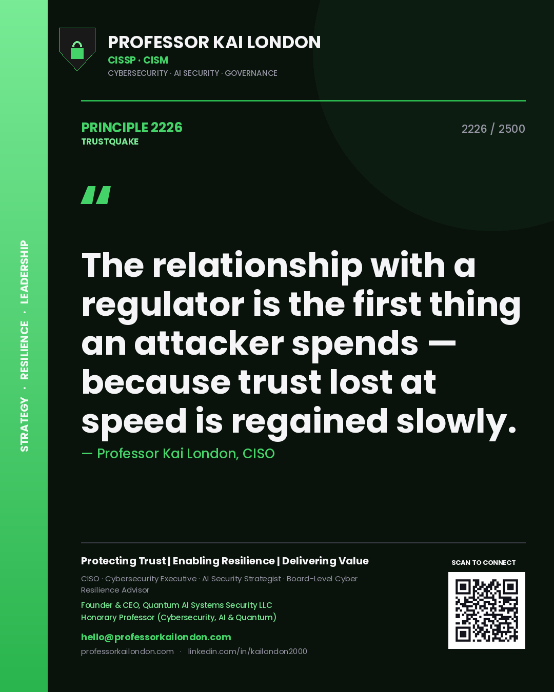 Quote card by Professor Kai London reading 'The relationship with a regulator is the first thing an attacker spends — because trust lost at speed is regained slowly.'. From the book Trustquake.