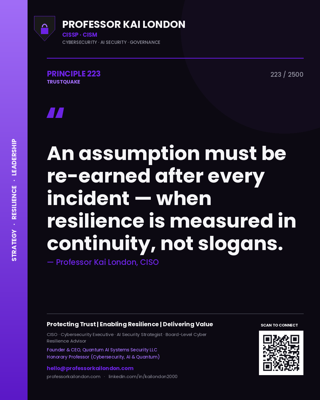 Professor Kai London principle 223: An assumption must be re-earned after every incident — when resilience is measured in continuity, not slogans.