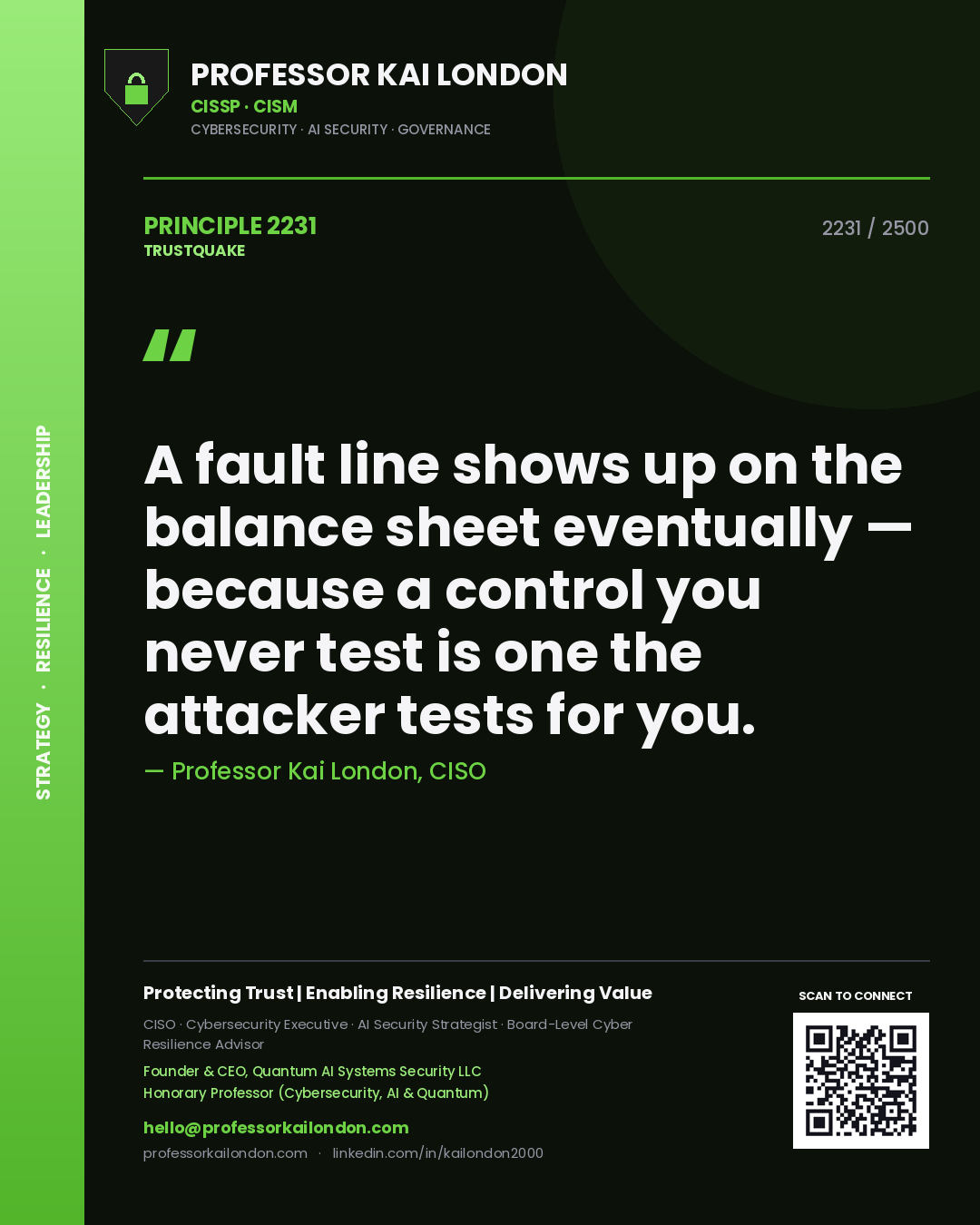 Professor Kai London principle 2231: A fault line shows up on the balance sheet eventually — because a control you never test is one the attacker tests for you.