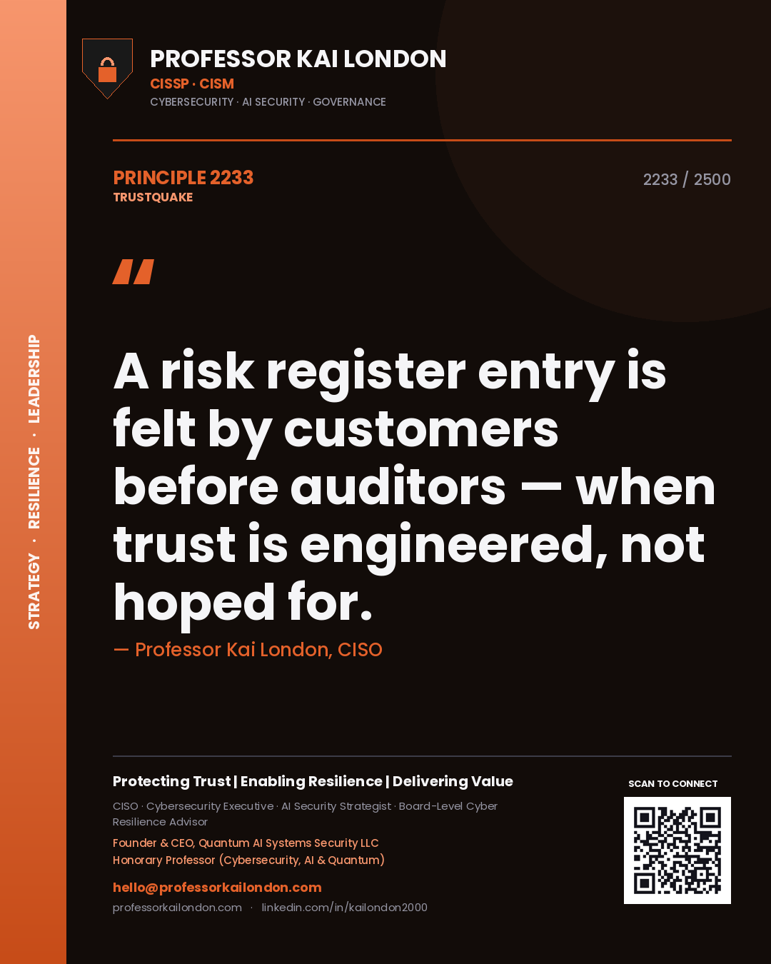 Professor Kai London principle 2233: A risk register entry is felt by customers before auditors — when trust is engineered, not hoped for.