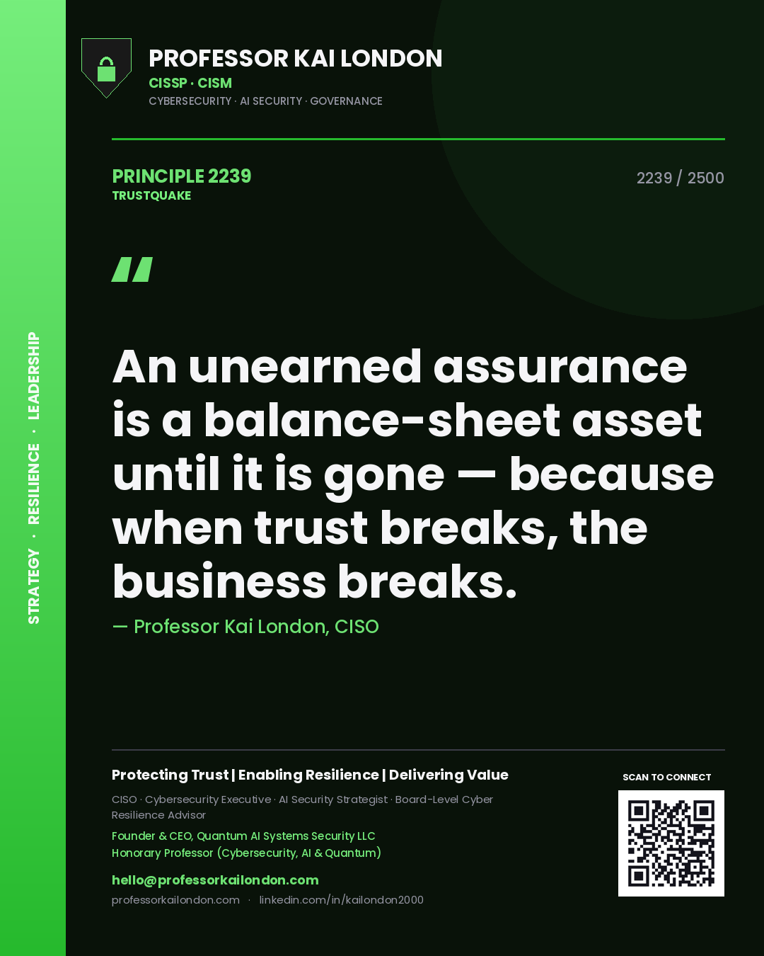 Quote card by Professor Kai London reading 'An unearned assurance is a balance-sheet asset until it is gone — because when trust breaks, the business breaks.'. From the book Trustquake.
