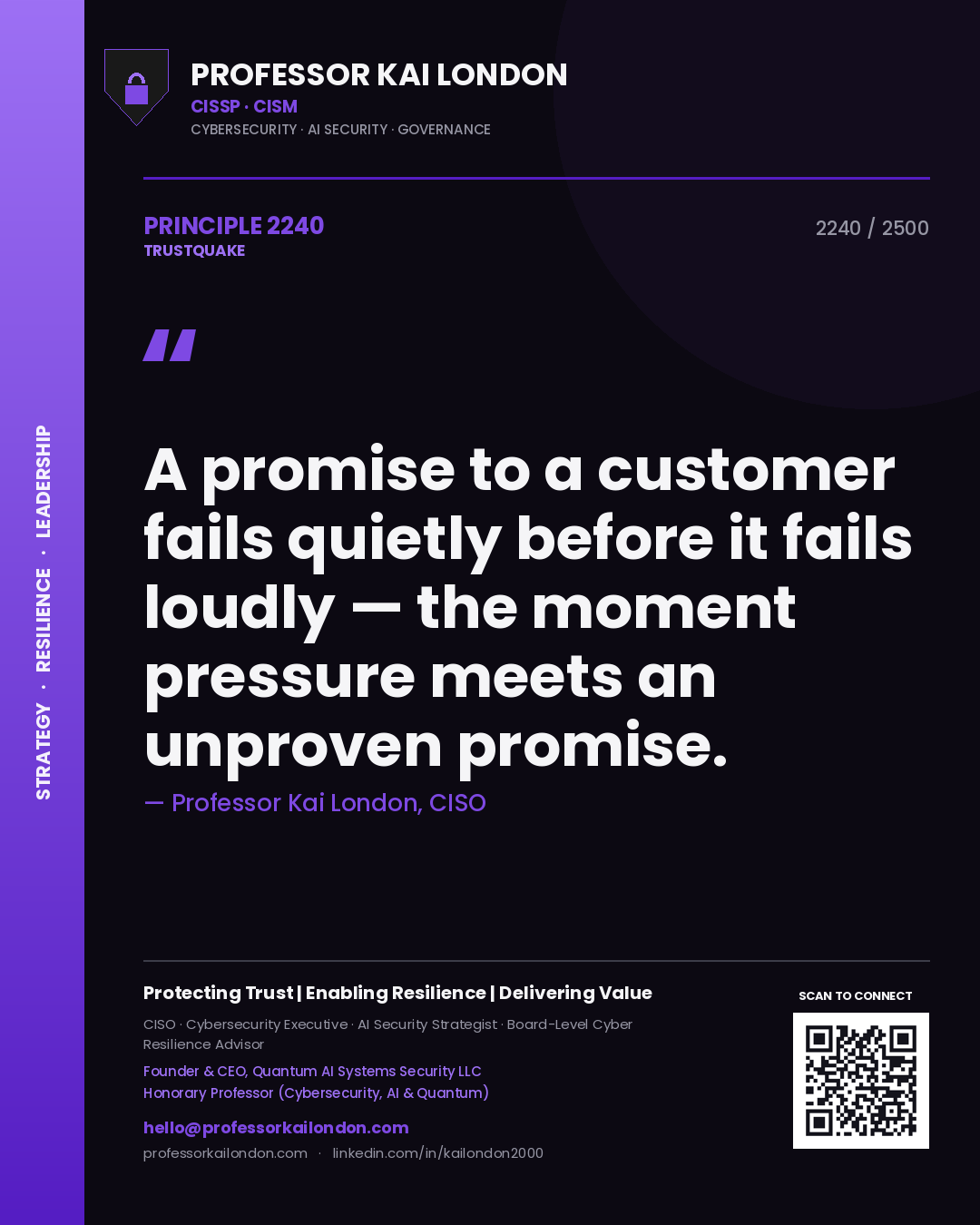 Quote card by Professor Kai London reading 'A promise to a customer fails quietly before it fails loudly — the moment pressure meets an unproven promise.'. From the book Trustquake.