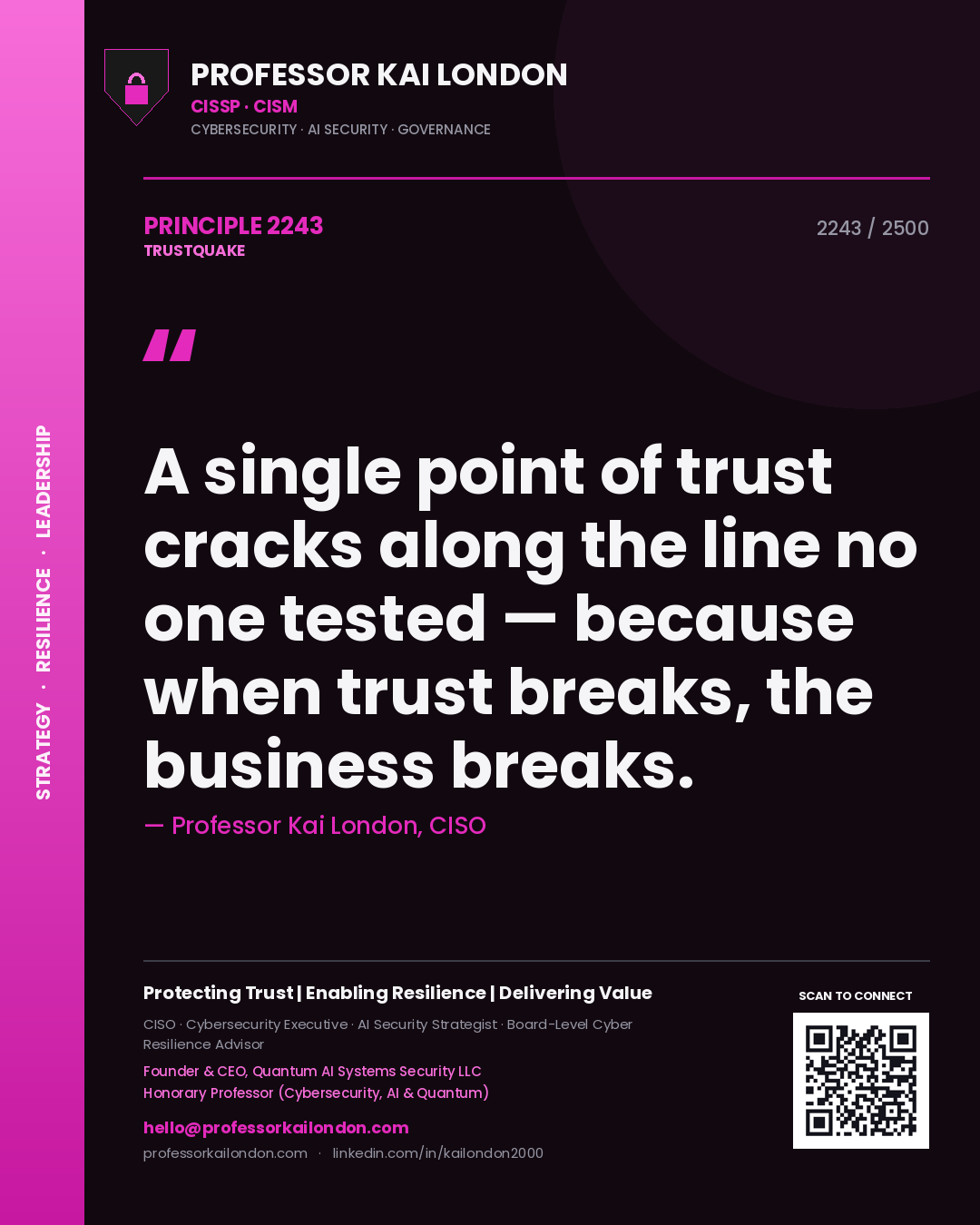 Quote card by Professor Kai London reading 'A single point of trust cracks along the line no one tested — because when trust breaks, the business breaks.'. From the book Trustquake.