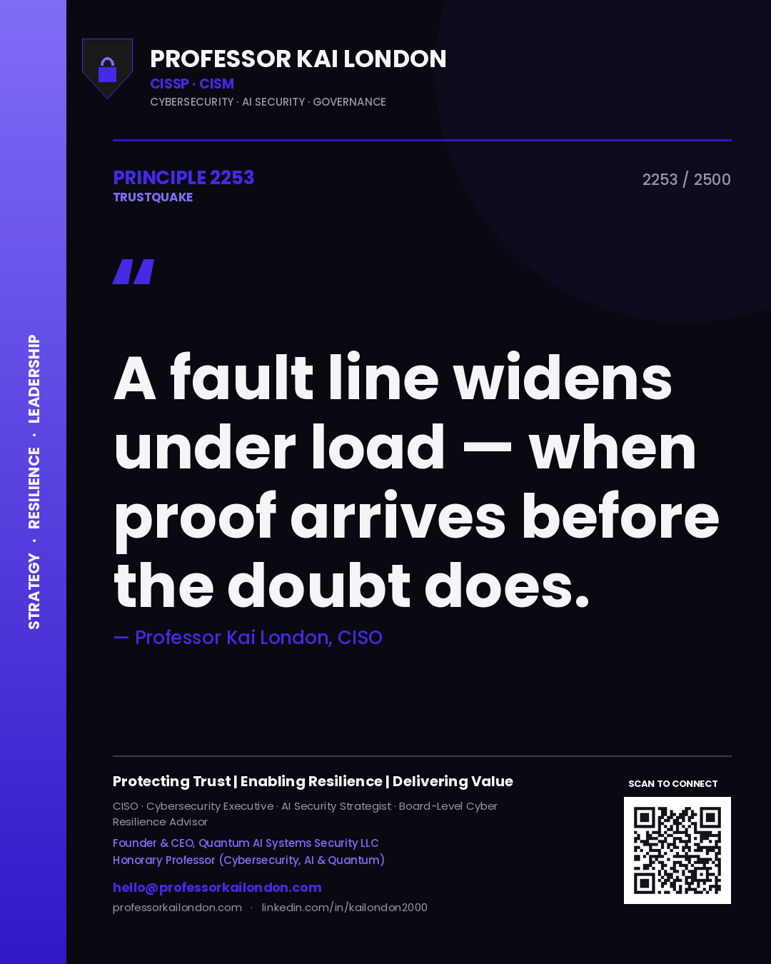 Quote card by Professor Kai London reading 'A fault line widens under load — when proof arrives before the doubt does.'. From the book Trustquake.