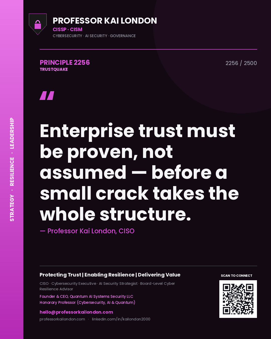 Quote card by Professor Kai London reading 'Enterprise trust must be proven, not assumed — before a small crack takes the whole structure.'. From the book Trustquake.