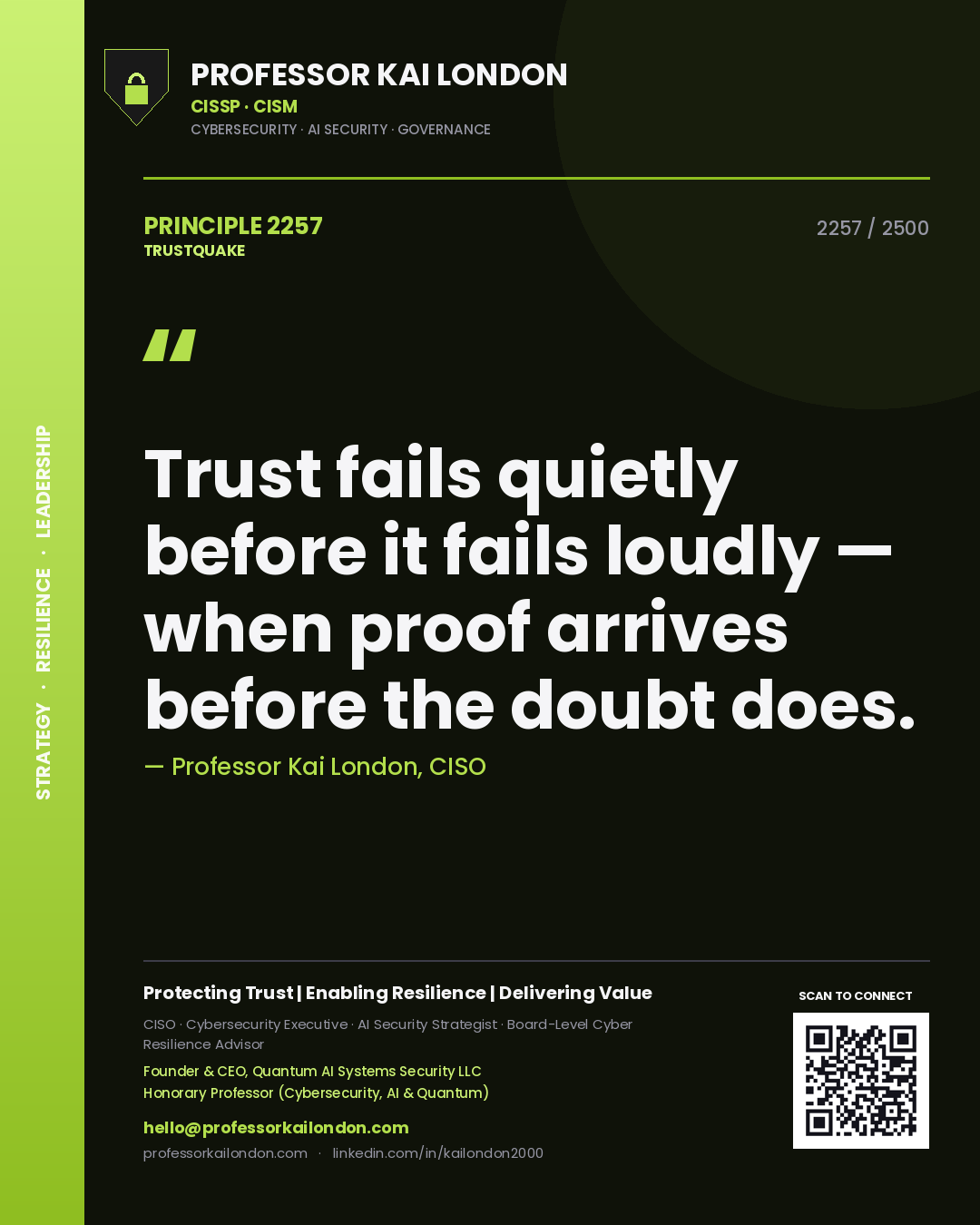 Quote card by Professor Kai London reading 'Trust fails quietly before it fails loudly — when proof arrives before the doubt does.'. From the book Trustquake.