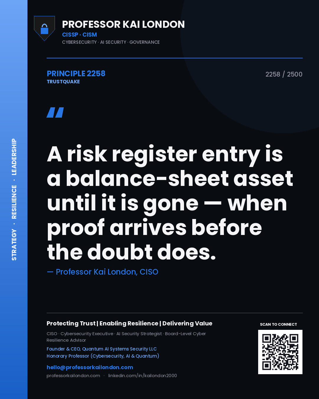 Quote card by Professor Kai London reading 'A risk register entry is a balance-sheet asset until it is gone — when proof arrives before the doubt does.'. From the book Trustquake.