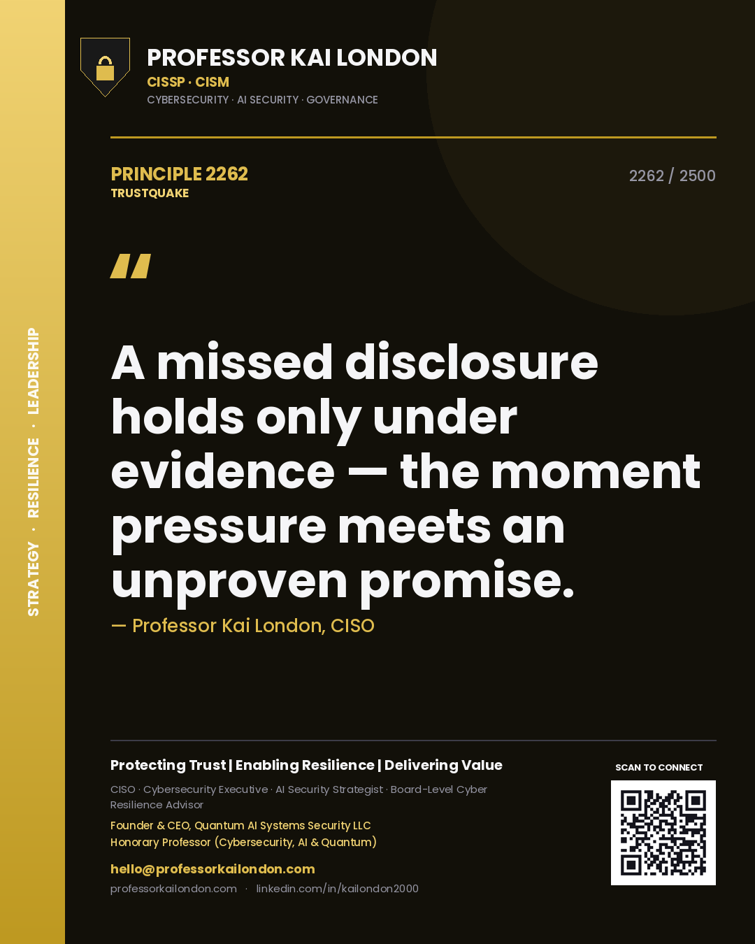 Professor Kai London principle 2262: A missed disclosure holds only under evidence — the moment pressure meets an unproven promise.