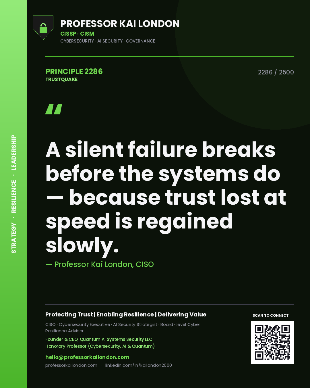 Quote card by Professor Kai London reading 'A silent failure breaks before the systems do — because trust lost at speed is regained slowly.'. From the book Trustquake.