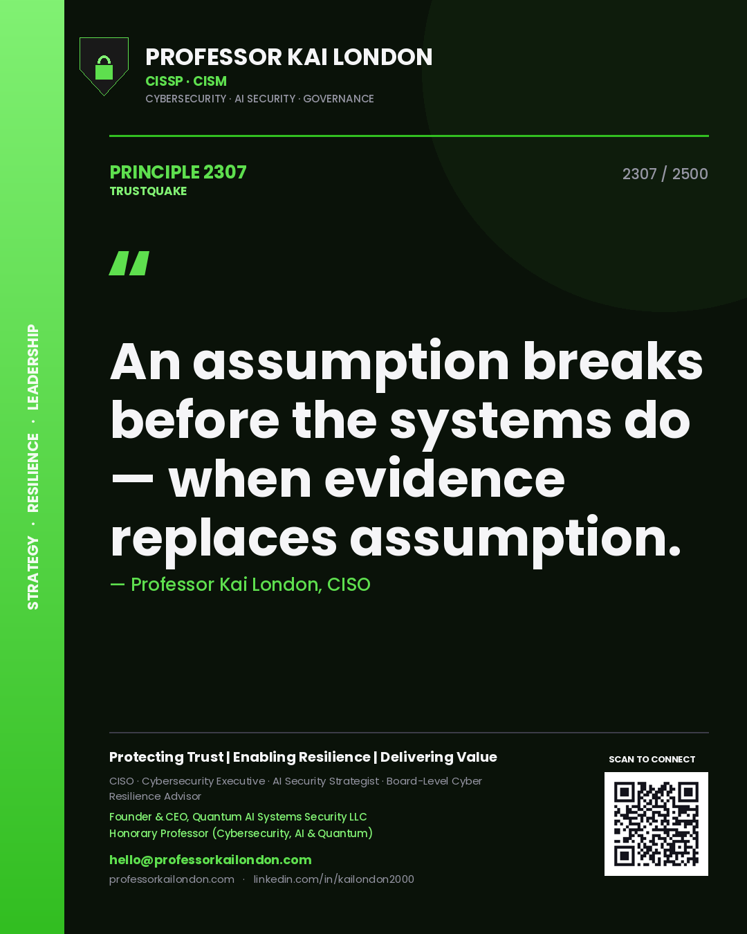 Quote card by Professor Kai London reading 'An assumption breaks before the systems do — when evidence replaces assumption.'. From the book Trustquake.