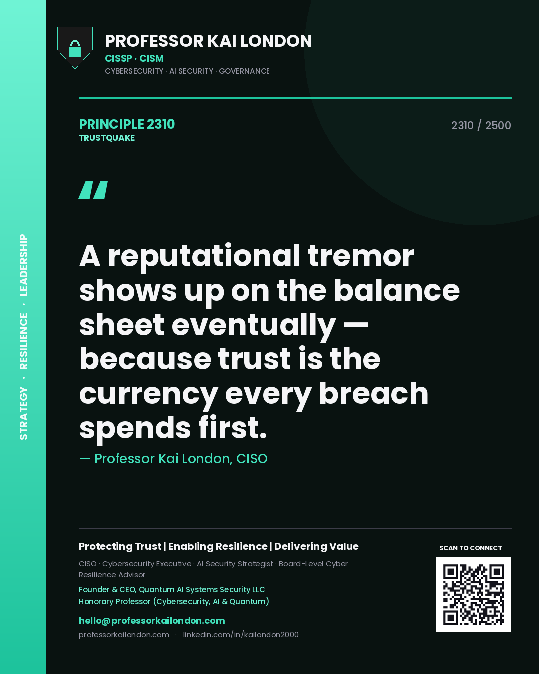 Professor Kai London principle 2310: A reputational tremor shows up on the balance sheet eventually — because trust is the currency every breach spends first.