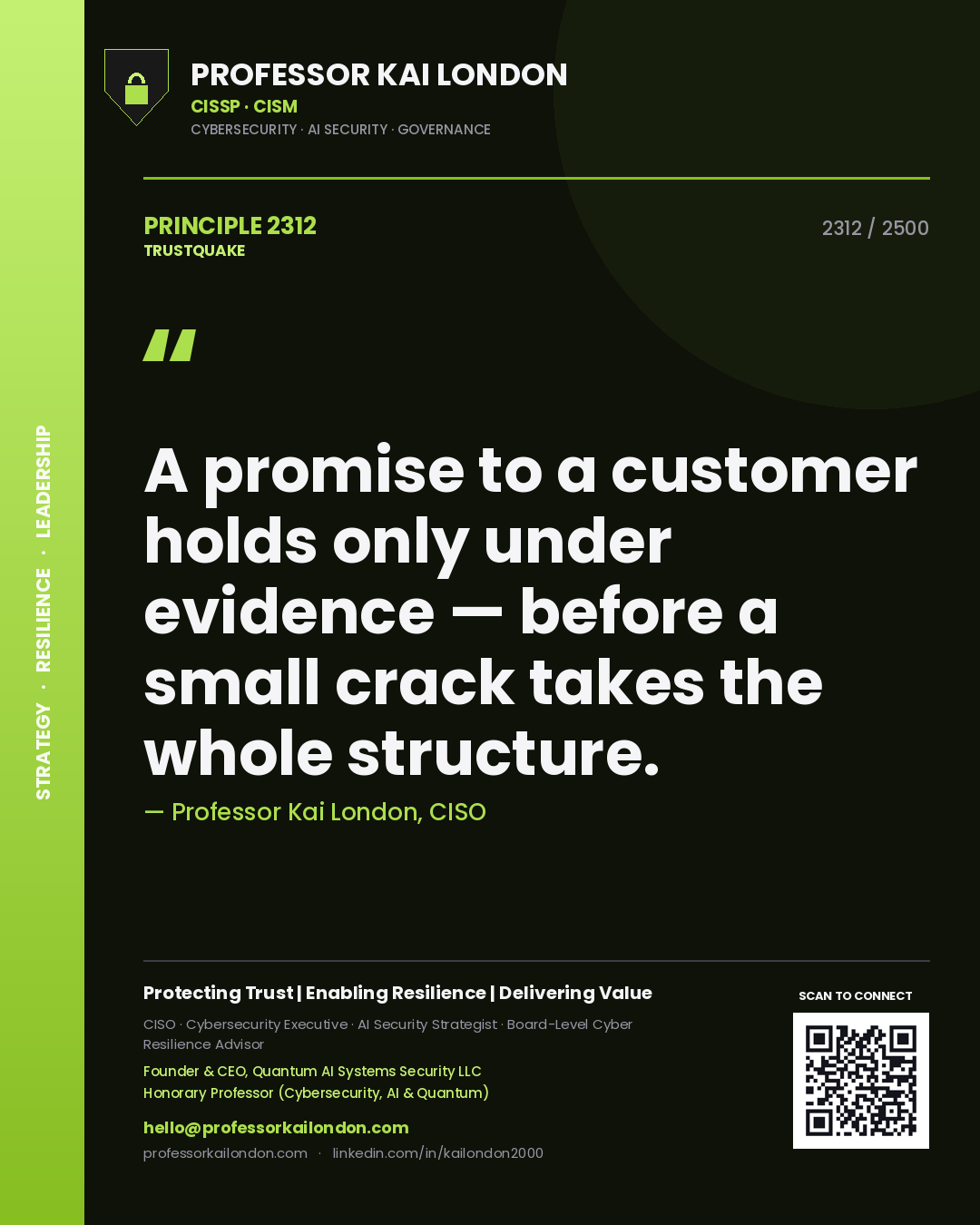 Quote card by Professor Kai London reading 'A promise to a customer holds only under evidence — before a small crack takes the whole structure.'. From the book Trustquake.