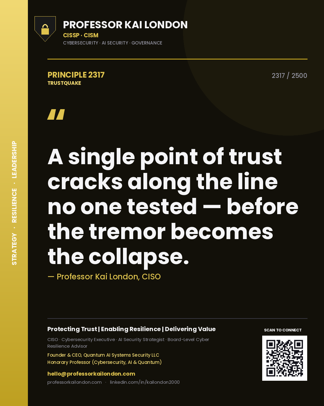 Quote card by Professor Kai London reading 'A single point of trust cracks along the line no one tested — before the tremor becomes the collapse.'. From the book Trustquake.