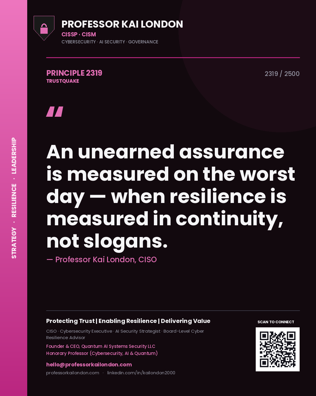 Professor Kai London principle 2319: An unearned assurance is measured on the worst day — when resilience is measured in continuity, not slogans.