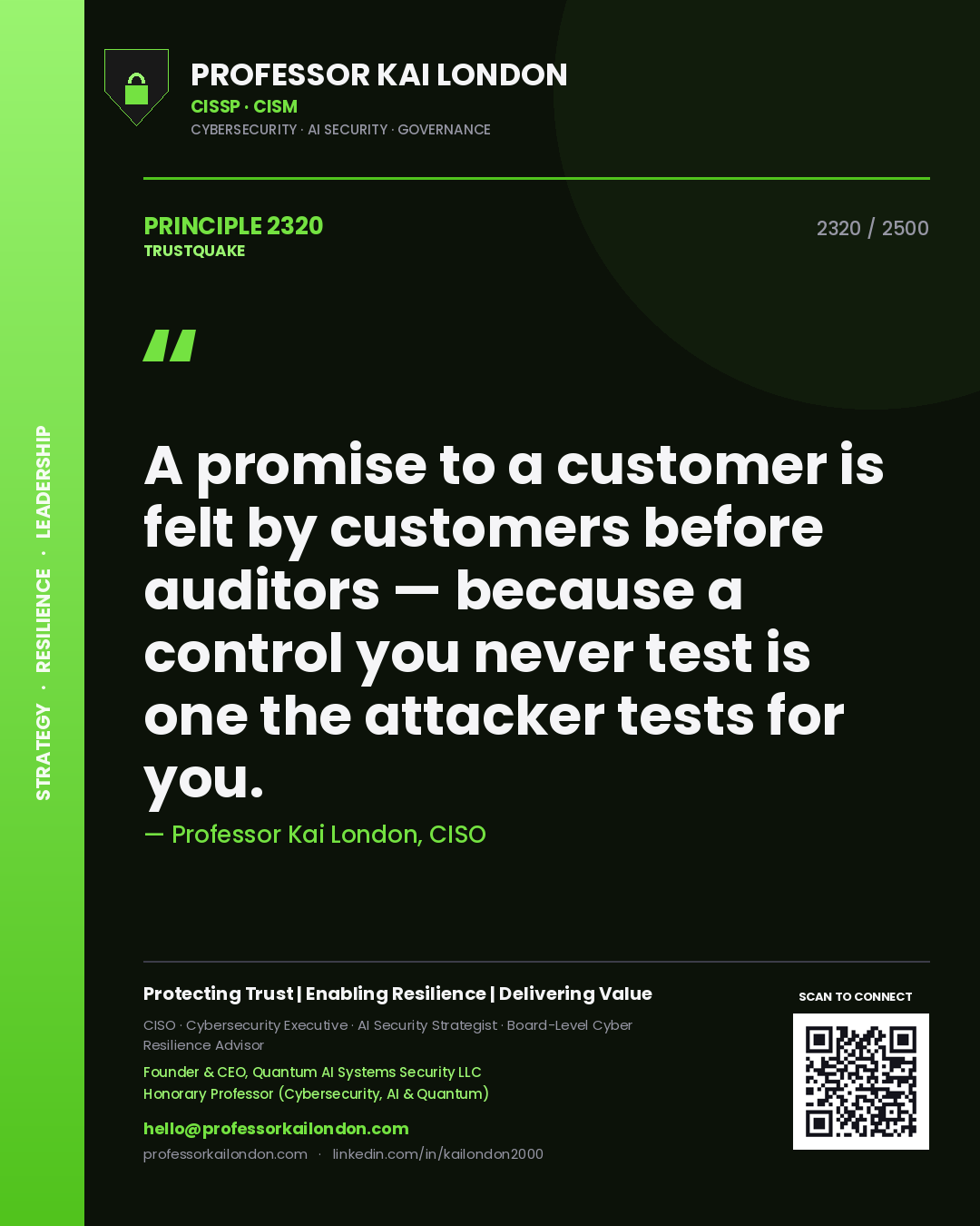 Quote card by Professor Kai London reading 'A promise to a customer is felt by customers before auditors — because a control you never test is one the attacker tests for you.'. From the book Trustquake.