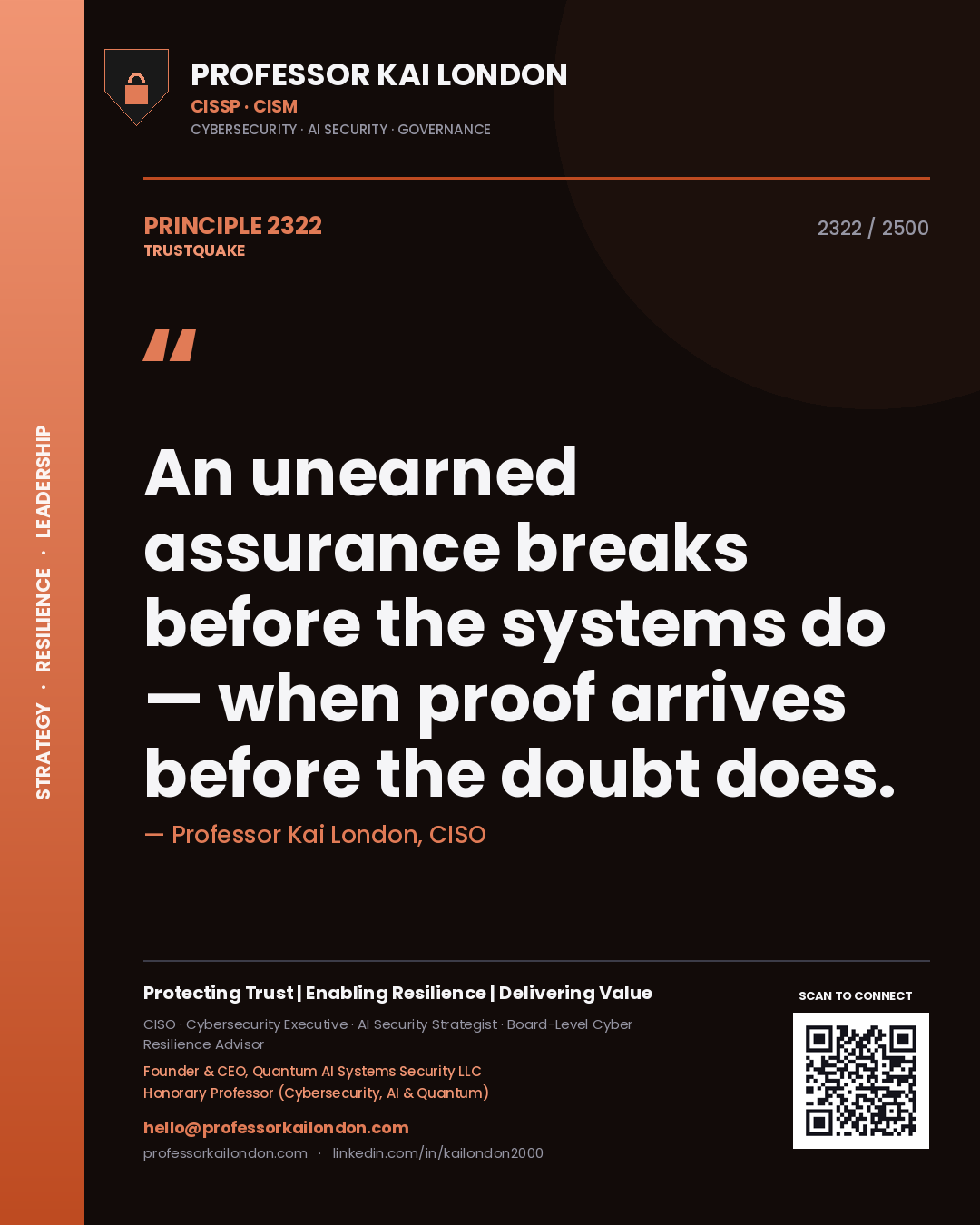 Quote card by Professor Kai London reading 'An unearned assurance breaks before the systems do — when proof arrives before the doubt does.'. From the book Trustquake.