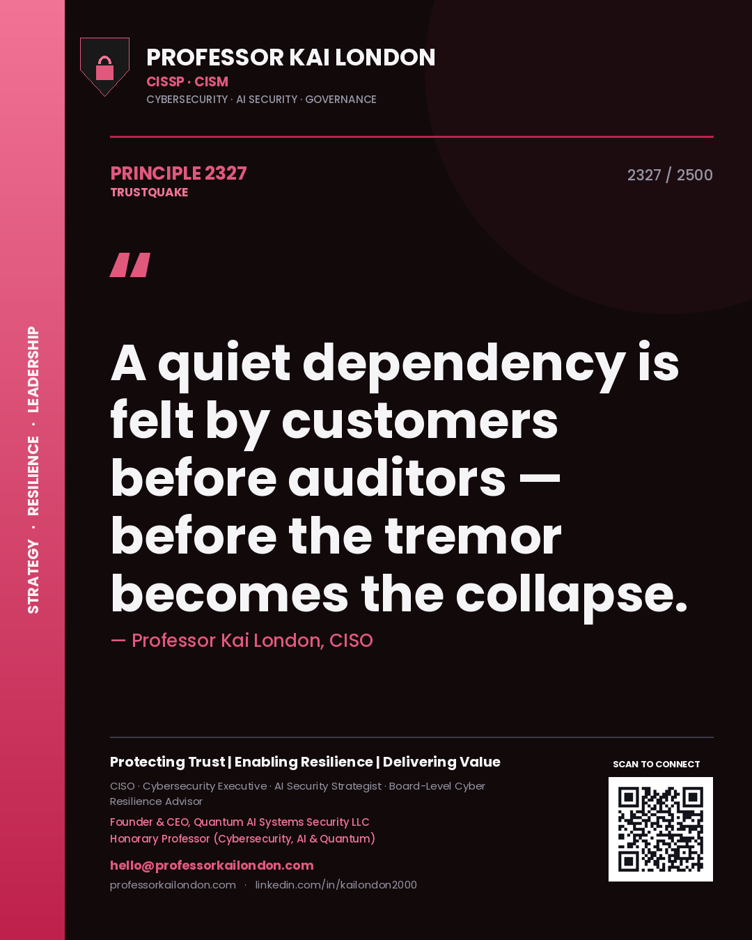 Quote card by Professor Kai London reading 'A quiet dependency is felt by customers before auditors — before the tremor becomes the collapse.'. From the book Trustquake.